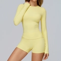Slim fit lemon yellow long sleeve yoga top and high waist sports shorts set - Goose Yellow