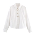 Camicia bianca in popeline a maniche lunghe con eleganti bottoni gioiello a fiocco - XS / Bianco
