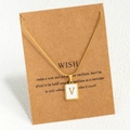 Gold plated stainless steel square pendant necklace featuring letter V on wish card - Letter V / Gold