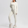 Three-piece yoga set with slim fit long sleeve top, zipper jacket and high waist leggings - Light Ivory