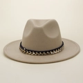 Close-up detail of beige fedora hat featuring gold chain and navy blue ribbon band - M (56-58cm) / Apricot