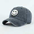 Vintage charcoal grey washed cotton baseball cap with white towel embroidery smiley face - Navy Blue