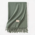 Elegant solid sage green cashmere-feel scarf with fringe tassels and brand label - 70*200cm / Morandi Green