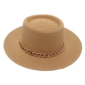 French dome straw sun hat in khaki with a gold chunky metal chain link decoration - One Size / Khaki (with Acrylic Chain Decor)
