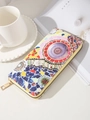 Ethnic style long PU leather wallet with colorful mandala print and gold zipper detail - Multicolor C (Red Yellow Vintage)