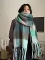 Thick colorful plaid scarf with green and blue blocks and long fringe tassels - Dark Green Light Green Beige Plaid