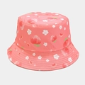 Detailed close-up of pink peach bucket hat featuring strawberry and floral print patterns - M (56-58cm) / Peach Pink