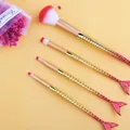 Mermaid tail makeup brush set with 4 pieces in gold to pink gradient handle - Red With PVC Bag