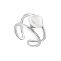 Irregular double-layer S925 sterling silver ring with a white baroque pearl in silver - Adjustable Open / White Gold