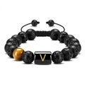 Tiger eye and lava stone beaded bracelet with gold letter V charm and adjustable cord - Letter-V