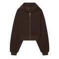 Detail view of the zipper closure and drawstring hood on this brown velvet cropped hoodie - S / Hooded Zip Up Top / Coffee
