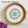 Handwoven 28cm round rattan tray with green and white shell mosaic flower inlay - Boho / Large 28x3cm