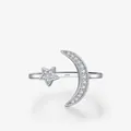 Elegante S925 zilveren open ring met fonkelende halve maan en ster van zirkonia steentjes - Verstelbaar Open / Zilver