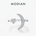 Elegant S925 sterling silver open ring with sparkling crescent moon and star cubic zirconia - Adjustable Open / Silver