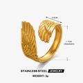 Adjustable golden stainless steel feather open ring with 0.8cm width and wing texture - Feather(ZN828) / Gold