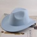 Light blue wide brim wool felt fedora hat placed on a magazine lifestyle background - Plain Style / Light Blue