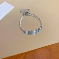 Silver beaded bracelet with pearls and green jadeite stones on a mirror background - 69# Bracelet-Silver-Blue