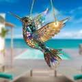 Colorful hummingbird suncatcher ornament in acrylic stained glass style with gold cord - Diamond Bird