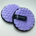 Reusable purple circular microfiber face cleansing sponges with black trim and hanging loop - Black Edged Pineapple Grid Purple