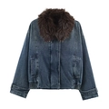 Retro dunkelblaue Denim-Jacke mit braunem Kunstfellkragen und großen Taschen - XS / Blau