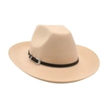 Beige wide brim felt jazz hat featuring a black leather band and vintage silver buckle - One Size (M) / Beige