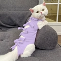 Light purple ribbed pet recovery suit with elegant bow ties for cats after surgery - S / Purple