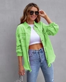 Detail of neon green denim jacket featuring distressed raw edges and fringe texture - S / Apple Green