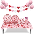 Valentine's Day party tableware set with heart plates, cups, napkins and tablecloth - Plates Cups Napkins Tablecloth Balloons Set
