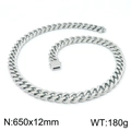 Collier à mailles cubaines en acier argenté, largeur 12 mm, poids 180 g, vue à plat - Collier Argent 650x12mm