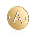 Golden round titanium steel pendant with letter A cutout and dual holes on white background - Letter A