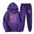 Purple fleece hooded tracksuit featuring pink retro surf city print and drawstring details - S (L) / Purple-Retro Print Style(1)