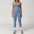 Tweeledige yogaset met sportbeha met kruislingse rug en legging in mistblauw en wit - S / Tank + Lange Broek / Haze Blauw