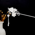 Traditional silver butterfly hair stick with hollow design and long tassels for Hanfu - Butterfly Floral Silk Woven Tassel (F508)