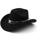 Close-up of black suede cowboy hat with skull studs and leather decorative band - M (56-58cm) / Black