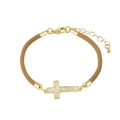 Detail of gold cross bracelet with micro-pave zircons and brown braided rope - Cross / Khaki