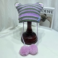 Purple and green striped knit cat ear hat with plush pom-poms and metal pins - M (56-58cm) / Purple