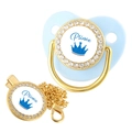 Detail of baby pacifier set with blue crown, rhinestones, and gold Prince chain clip - Gold Prince (Light Blue Decor)