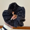 Oversized black scrunchie with white polka dots made of soft elastic knit fabric - Navy Polka Dot Knit Scrunchie