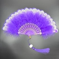 Detail showing plush purple feathers, silver lace trim, and golden patterns on the fan handle - Bronzing Feather Fan Purple
