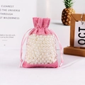 Pink drawstring gift bag with linen texture and white pearls for jewelry storage - Pink
