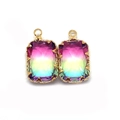 Detail of two rainbow gradient rectangular crystal pendants with gold-plated edges - 11x18mm / No. 9 (Rainbow Gradient)
