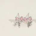 Silver bow earrings with pink heart-shaped stones and asymmetrical star dangles - Silver Pink Zircon Heart Bow