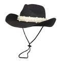 Chapeau de cow-girl noir en paille avec perles et mentonnière réglable pour femmes - M(56-58cm) / Noir