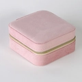 Top-down view of a pink velvet square jewelry box with gold metal zipper and texture - Pink Twill / 10*10*5cm