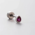 Titanium steel stud earring featuring a pear-cut rose red zircon and beaded silver bezel - Pear Shaped Red Purple Gemstone Style (A09-4#)