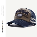 Vintage distressed baseball cap with 1969 embroidery and brown and navy color block design - Adjustable / Brown Navy Patchwork (1969 Style)