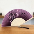 Classic folding fan in purple fabric with floral patterns and delicate black tassels - Style 51 (New Style)