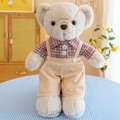 Cream teddy bear plush toy wearing red plaid shirt and beige overalls for gifts - Light Red Couple Bear Male