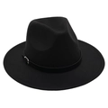 Detailed top view of a black felt fedora hat with a leather belt buckle band decoration - One Size / Black