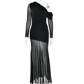 Eleganter schwarzer One-Shoulder-Midi-Dress mit Mesh-Ärmeln und figurbetonter Raffung - S / Schwarz